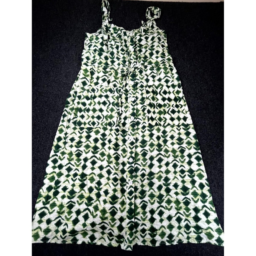 Time And Tru Midi Dress Womens L(12-14) White Green Linen Geometric Sleeveless
